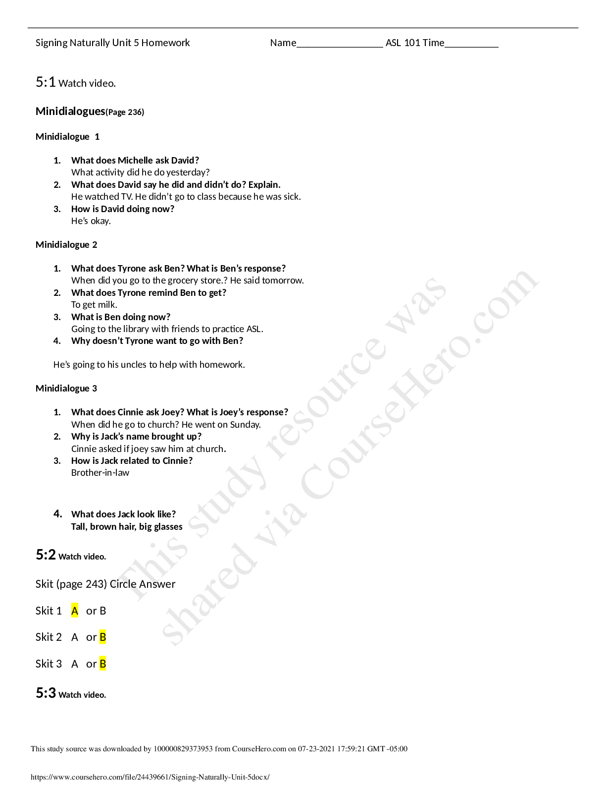 Preview image for ASL 101 Signing Naturally Unit 5 with complete solution